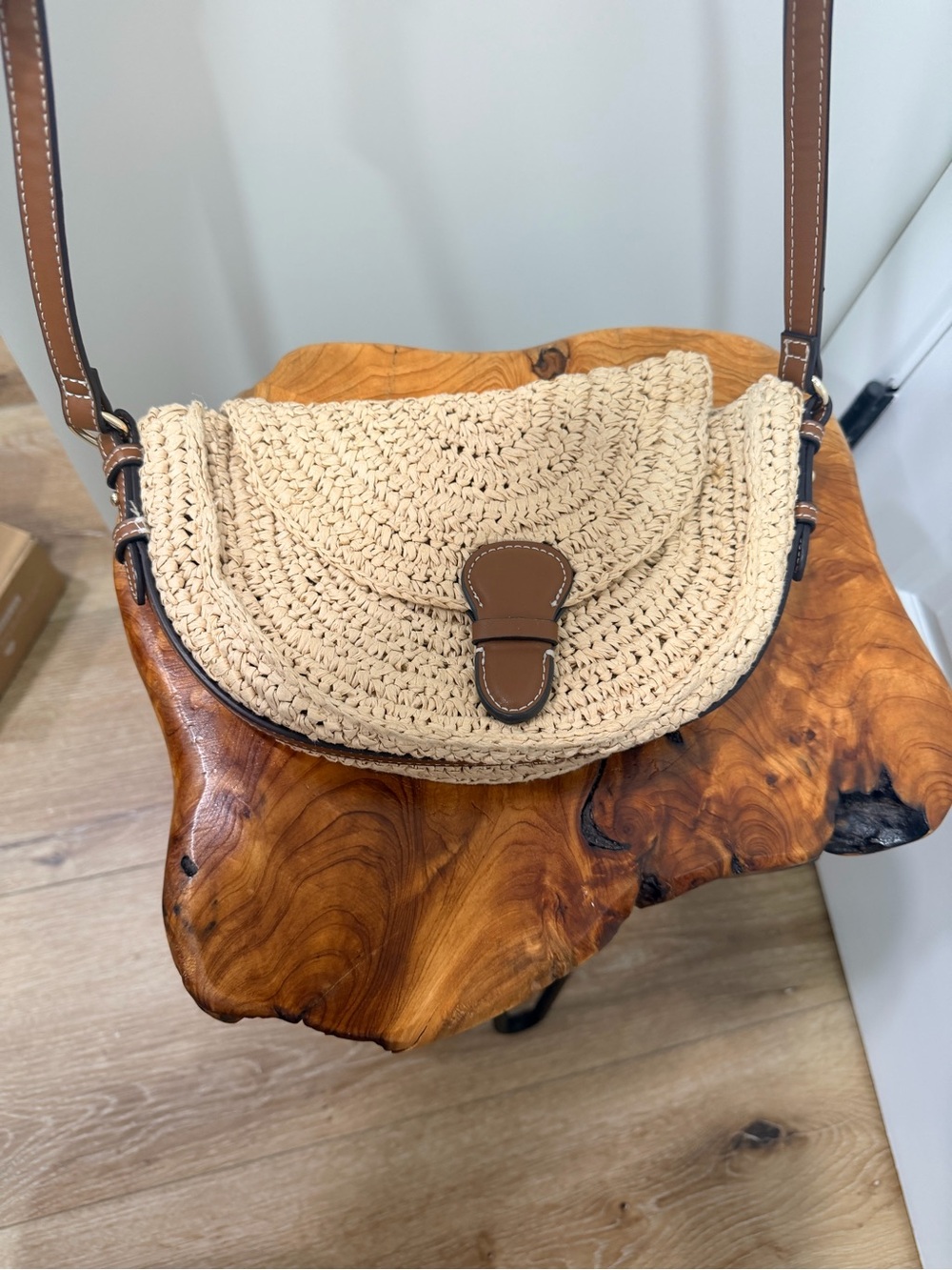 Woven Straw Crossbody Bag with Brown Trim